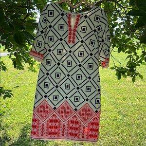 Sandra Darren Black and Red Geometric Midi Dress